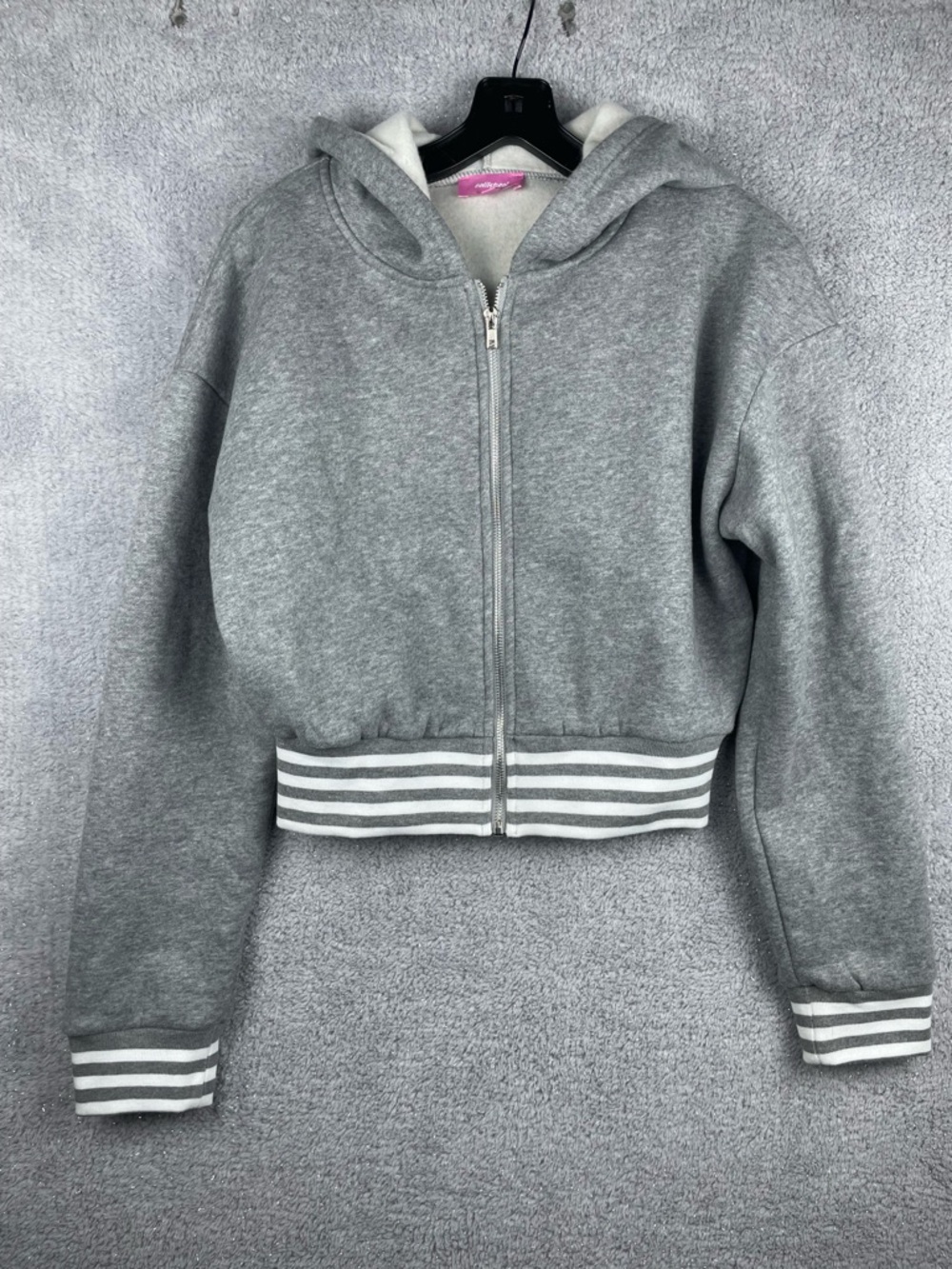 Edikted Grey Hooded Zip Jacket with White Striped Trim